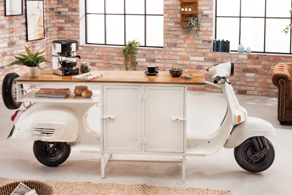Extravaganter Barschrank SCOOTER 250cm weiß Retro-Konsole Motorroller mit Mangoholz Upcycling