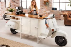 Extravaganter Barschrank SCOOTER 250cm weiß Retro-Konsole Motorroller mit Mangoholz Upcycling