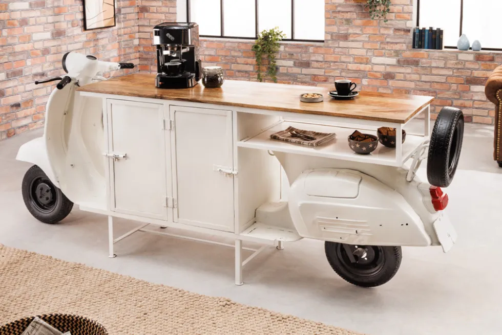 Extravaganter Barschrank SCOOTER 250cm weiß Retro-Konsole Motorroller mit Mangoholz Upcycling
