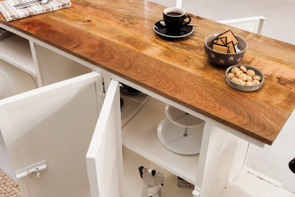 Extravaganter Barschrank SCOOTER 250cm weiß Retro-Konsole Motorroller mit Mangoholz Upcycling