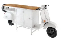 Extravaganter Barschrank SCOOTER 250cm weiß Retro-Konsole Motorroller mit Mangoholz Upcycling
