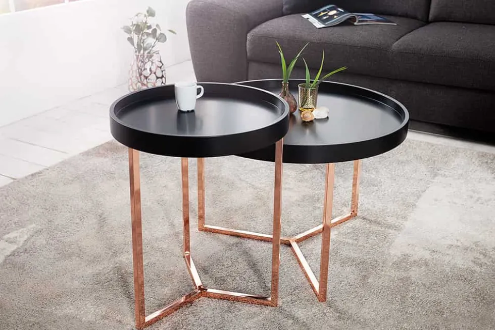 Extravaganter Beistelltisch MODULAR 40cm matt schwarz kupfer rund inkl. Tablett