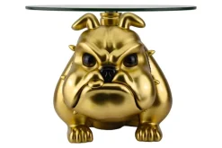 Extravaganter Couchtisch BULLDOG 55cm gold rund Hunde-Skulptur mit Glasplatte