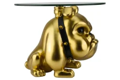 Extravaganter Couchtisch BULLDOG 55cm gold rund Hunde-Skulptur mit Glasplatte