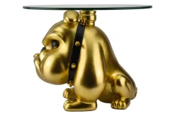 Extravaganter Couchtisch BULLDOG 55cm gold rund Hunde-Skulptur mit Glasplatte