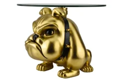 Extravaganter Couchtisch BULLDOG 55cm gold rund Hunde-Skulptur mit Glasplatte