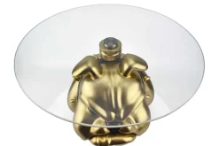 Extravaganter Couchtisch BULLDOG 55cm gold rund Hunde-Skulptur mit Glasplatte