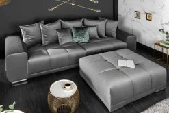 Extravaganter Hocker ELEGANCIA 110cm silbergrau Samt mit Ziersteppung
