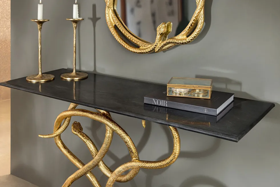 Extravaganter Konsolentisch WILDLIFE SNAKE 115cm schwarz gold Marmor Schlange Skulptur