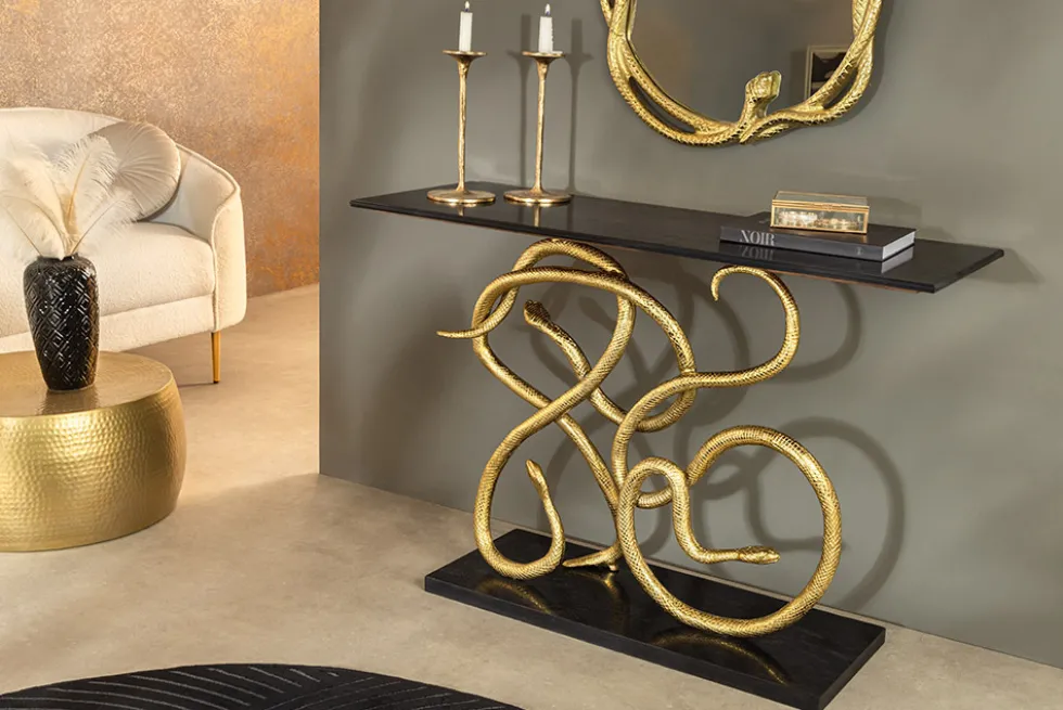 Extravaganter Konsolentisch WILDLIFE SNAKE 115cm schwarz gold Marmor Schlange Skulptur