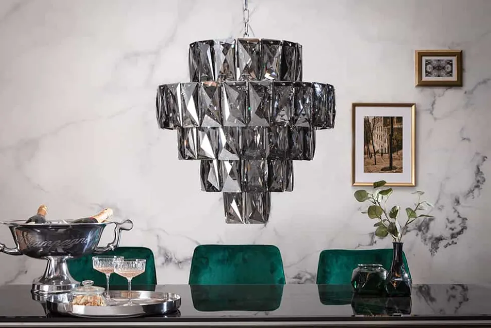 Extravaganter Kronleuchter KRISTALL 50cm edel-grau mit Glasprismen