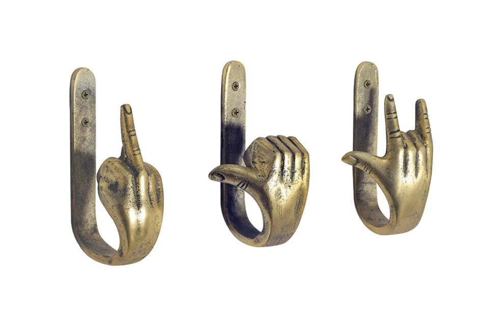 Extravagantes 3er Set Kleiderhaken FINGERS messing Metall-Aluminium Wandgarderobe