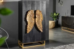 Extravagantes Highboard ANGEL 140cm schwarz Mangoholz mit goldenen Flügeln