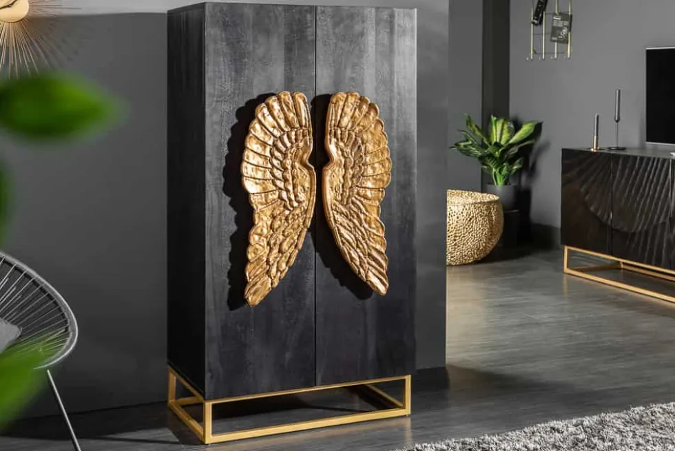 Extravagantes Highboard ANGEL 140cm schwarz Mangoholz mit goldenen Flügeln