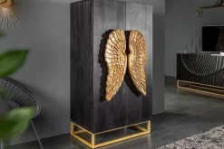 Extravagantes Highboard ANGEL 140cm schwarz Mangoholz mit goldenen Flügeln