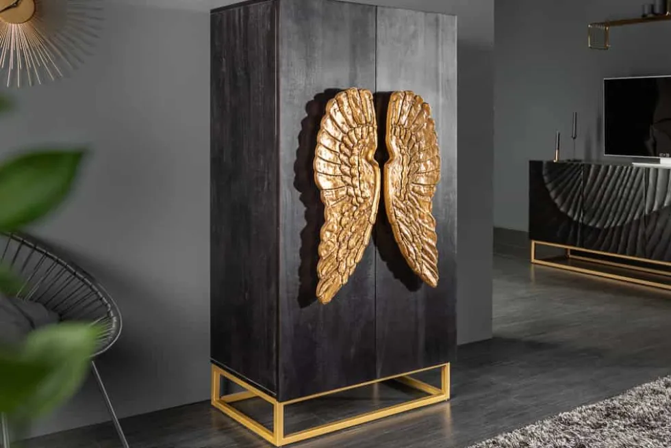 Extravagantes Highboard ANGEL 140cm schwarz Mangoholz mit goldenen Flügeln