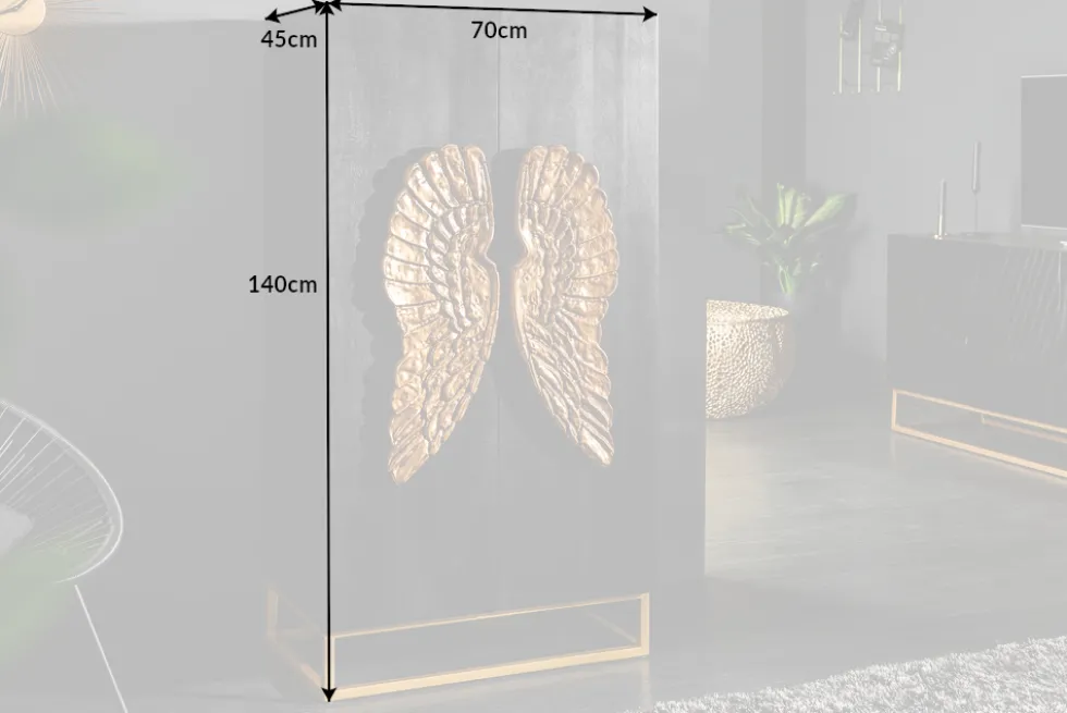 Extravagantes Highboard ANGEL 140cm schwarz Mangoholz mit goldenen Flügeln