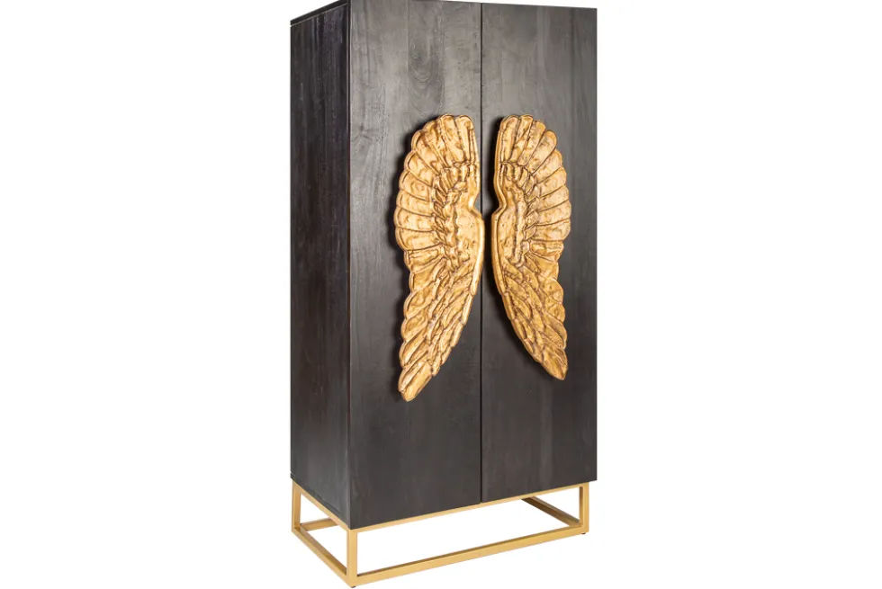 Extravagantes Highboard ANGEL 140cm schwarz Mangoholz mit goldenen Flügeln