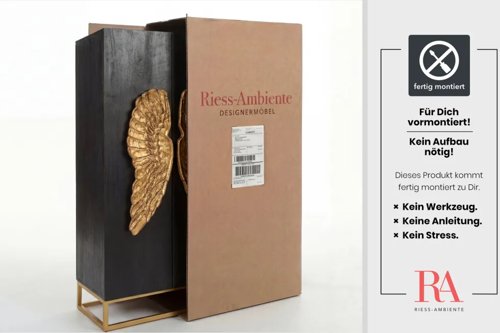 Extravagantes Highboard ANGEL 140cm schwarz Mangoholz mit goldenen Flügeln