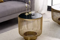 Filigraner Design Beistelltisch VARIATION 50cm gold Metall rund Schwarzglas Handarbeit