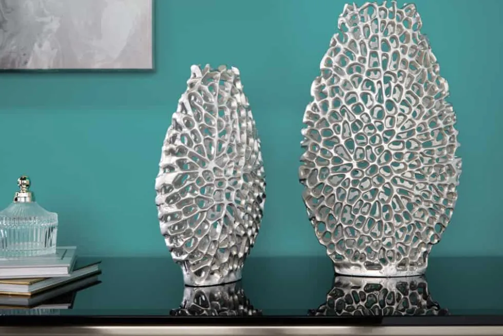 Filigranes Vasen 2er Set ABSTRACT LEAF 40cm silber Metall Handarbeit Blumenvase