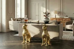 Freistehender Konsolentisch PANTHER 115cm gold Metall mit Marmor-Platte handmade