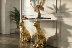 Freistehender Konsolentisch PANTHER 115cm gold Metall mit Marmor-Platte handmade