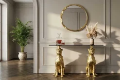 Freistehender Konsolentisch PANTHER 115cm gold Metall mit Marmor-Platte handmade