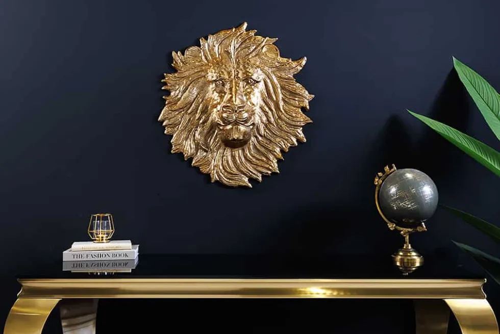 Goldene Wanddeko WILDLIFE LION 35cm gold Metall Löwenkopf-Skulptur handmade