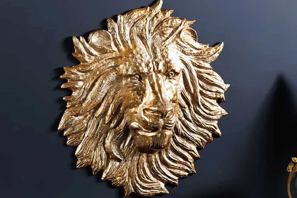 Goldene Wanddeko WILDLIFE LION 35cm gold Metall Löwenkopf-Skulptur handmade