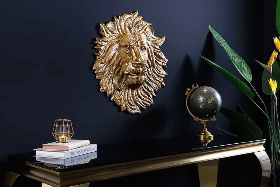 Goldene Wanddeko WILDLIFE LION 35cm gold Metall Löwenkopf-Skulptur handmade