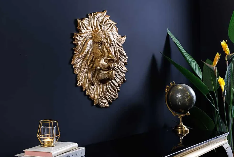 Goldene Wanddeko WILDLIFE LION 35cm gold Metall Löwenkopf-Skulptur handmade