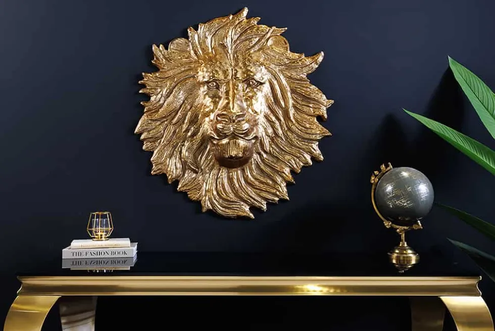 Goldene Wanddeko WILDLIFE LION 60cm gold Metall Löwenkopf-Skulptur handmade