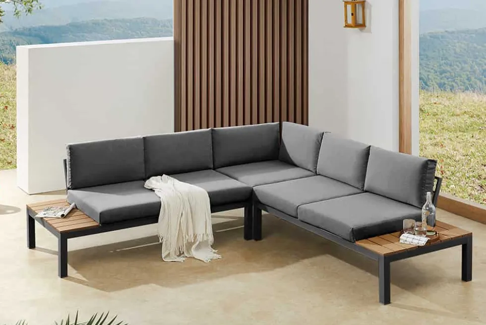 Große Garten Sitzgruppe MIAMI LOUNGE 240cm anthrazit Aluminium wetterfest Outdoor inkl. Kissen