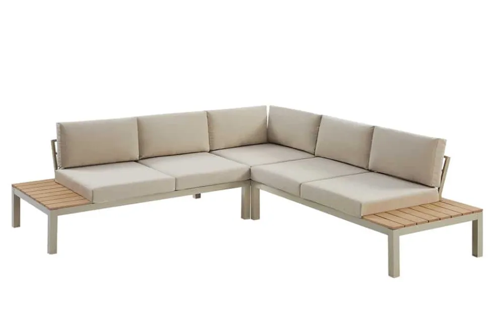 Große Garten Sitzgruppe MIAMI LOUNGE 240cm champagner greige Aluminium wetterfest Outdoor inkl. Kissen