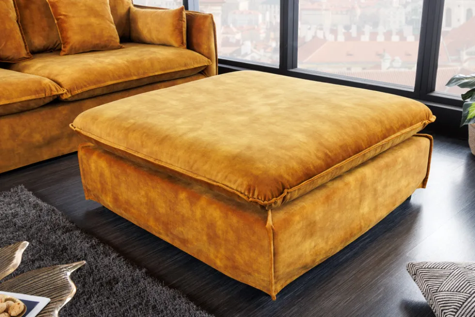 Großer Hussenhocker HEAVEN 100cm senfgelb Samt Landhausstil Sofahocker waschbarer Bezug