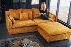 Großer Hussenhocker HEAVEN 100cm senfgelb Samt Landhausstil Sofahocker waschbarer Bezug