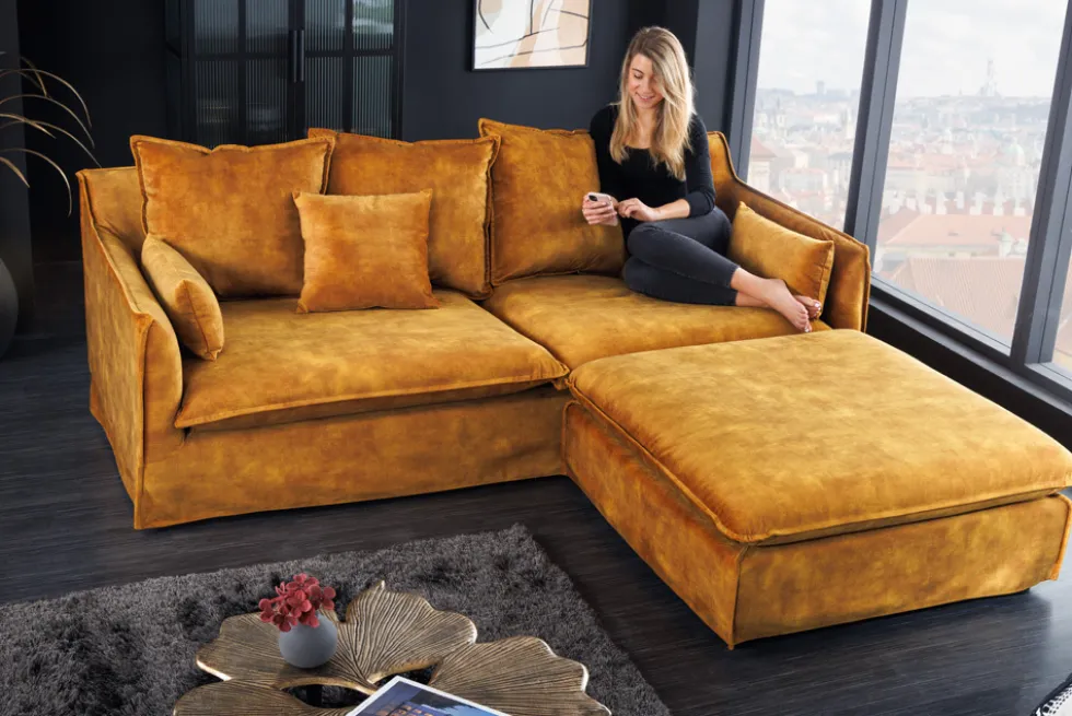 Großer Hussenhocker HEAVEN 100cm senfgelb Samt Landhausstil Sofahocker waschbarer Bezug