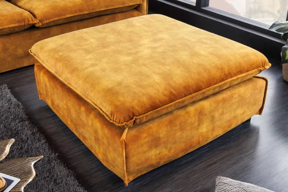 Großer Hussenhocker HEAVEN 100cm senfgelb Samt Landhausstil Sofahocker waschbarer Bezug