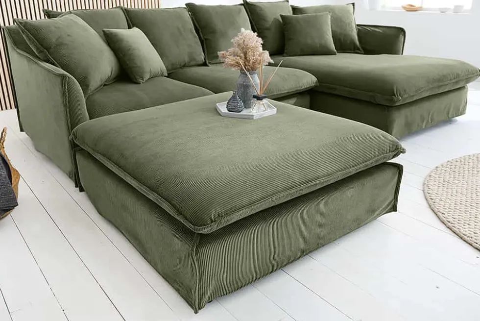 Großer Sitzhocker HEAVEN 100cm grün Cord Sofahocker abnehmbarer Bezug