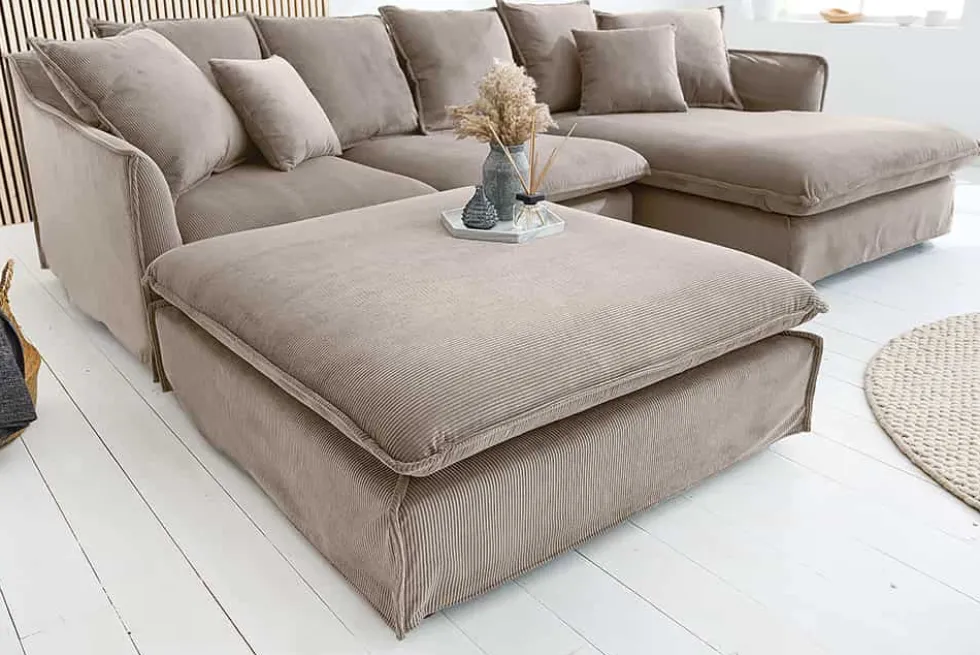 Großer Sitzhocker HEAVEN 100cm greige Cord Sofahocker abnehmbarer Bezug