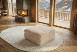 Großer Sitzhocker YETI 100cm beige sand Shaggy-Stoff langfloriger Plüsch Sofahocker