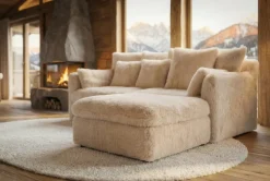 Großer Sitzhocker YETI 100cm beige sand Shaggy-Stoff langfloriger Plüsch Sofahocker