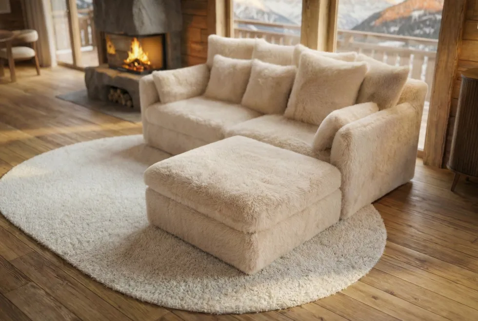 Großer Sitzhocker YETI 100cm beige sand Shaggy-Stoff langfloriger Plüsch Sofahocker