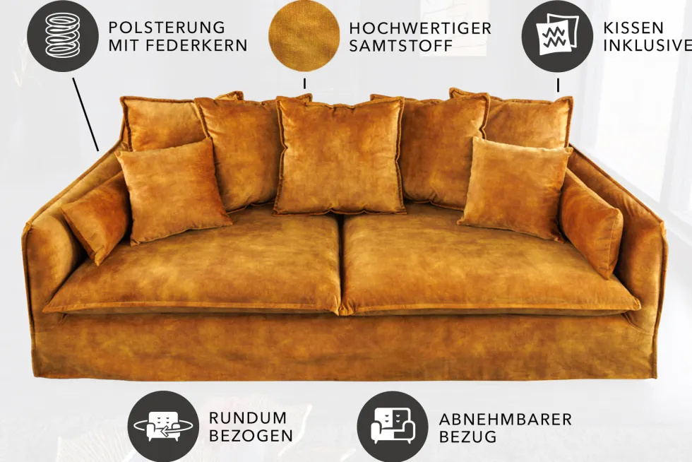 Großes 3-Sitzer Sofa HEAVEN 200cm senfgelb Samt Federkern waschbarer Bezug Hussensofa Couch