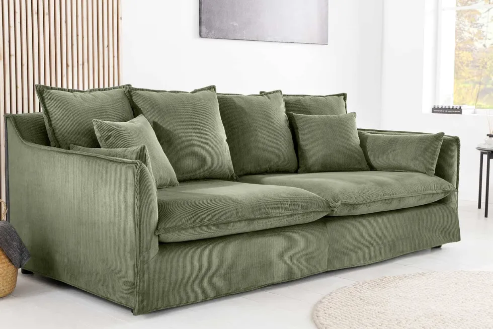 Großes 3-Sitzer Sofa HEAVEN 200cm grün Cord Federkern Hussensofa