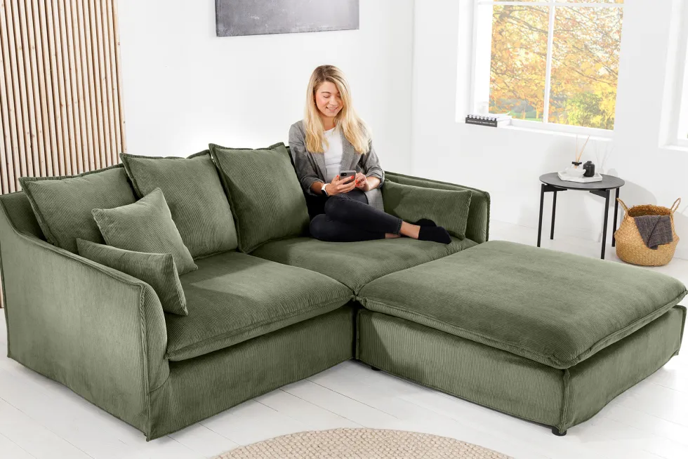 Großes 3-Sitzer Sofa HEAVEN 200cm grün Cord Federkern Hussensofa