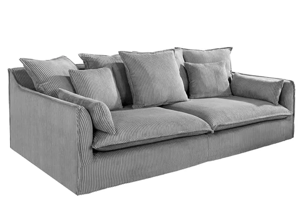 Großes 3-Sitzer Sofa HEAVEN 200cm hellgrau Cord Federkern Hussensofa abnehmbarer Bezug