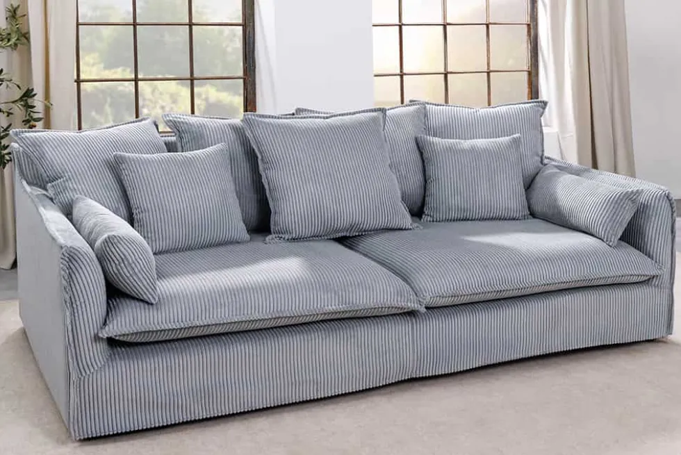 Großes 3-Sitzer Sofa HEAVEN 200cm hellgrau Cord Federkern Hussensofa abnehmbarer Bezug