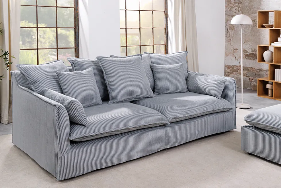Großes 3-Sitzer Sofa HEAVEN 200cm hellgrau Cord Federkern Hussensofa abnehmbarer Bezug